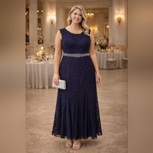 Betsy & Adam Elegant Navy Lace Maxi Dress
